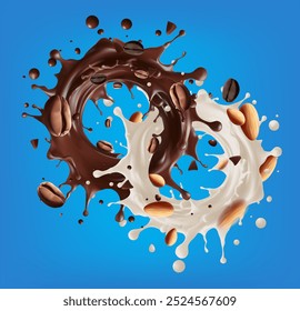 Leche de almendras mezclada con salpicaduras de leche de café sobre fondo. Ilustración vectorial. Listo para usar para su diseño, presentación, promoción y publicidad. Gradiente de malla utilizado