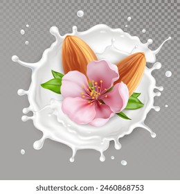 Almond milk, nuts and flower on gray background. Vector illustration