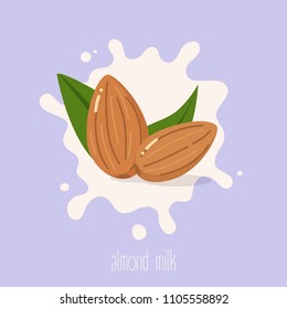 Almond milk. Almond nuts on a milk splash. Vector illustration.