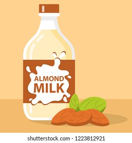 Almond Milk with nuts.Lactose free.Plant drink dairy-free healthy nutrients.Beverage vegeterianets and vegan vegetable product.Flat vector.Vegan  splash with nuts.Vegetable food and drinks.