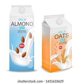 Almond milk and oats milk realistic, organic milk, new product, fresh milk, box package isolated white background vector illustration