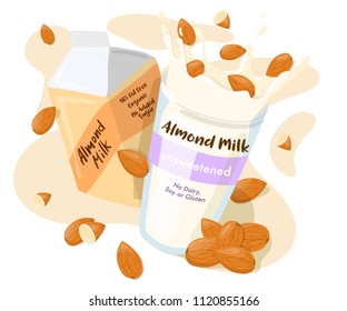 Almond Milk in a pack and Splash with whole almonds in a glass vector Ad poster. Healthy eating cartoon illustration isolated on white background
