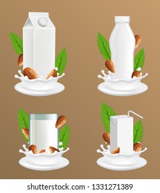 Almond milk package mockup set. Vector realistic illustration of dairy free, vegan nut milk in glass, white blank plastic bottle and carton paper pack with liquid splash and nuts.