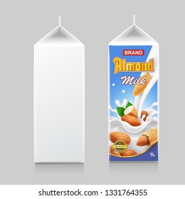 Almond milk in paper package box, Cardboard pack and beverage with liquid splash and nuts, vector illustration