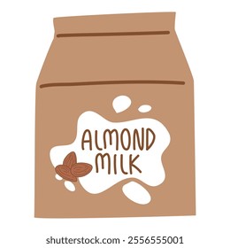 almond milk in paper package with liquid splash and nuts