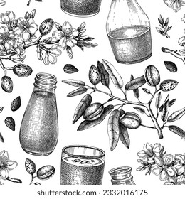 Almond milk pattern. Dairy products seamless endless background design. Repeating print with plant milk, almond nut, blooming branches. Nut milk vector sketches for fabric, textile, packaging