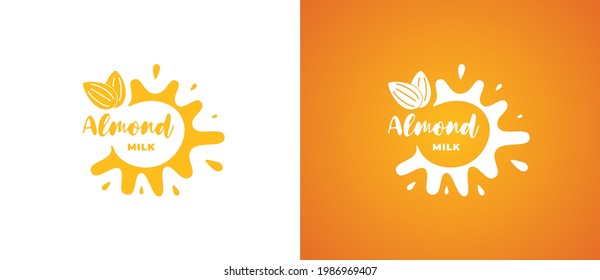 Almond milk product logo. Fresh vegetarian organic natural non lactic brand identity logotype design. Vegan eco dairy splash sign for company trademark vector Illustrations