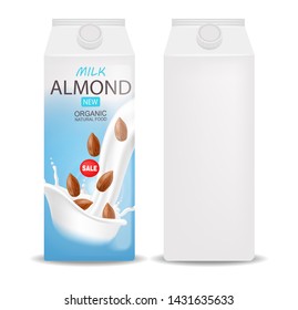 Almond milk realistic, organic milk, new product, fresh milk, box package isolated white background vector illustration