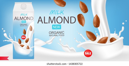 Almond milk realistic, organic milk, new product, fresh milk, box package isolated beautiful background landscape vector illustration