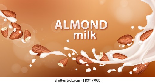 Almond Milk. Realistic Milk Splash With Almonds. Vector Illustration For Advertising Or Packaging Cosmetics Or Dairy Products.