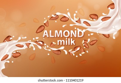 Almond milk. Realistic Milk splashes with almonds. Vector illustration for advertising or packaging cosmetics or dairy products.