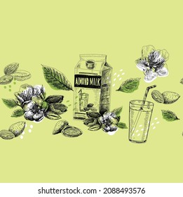 Almond milk seamless pattern vertical. Sketchy hand-drawn vector background.