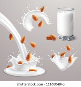 Almond milk set on gray background