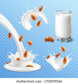 Almond milk set on transparent background