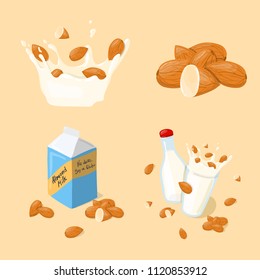Almond Milk splash, glass, bottle, pack vector icon set. Healthy eating cartoon illustration isolated