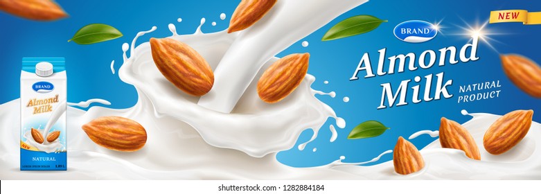 Almond milk splash with nuts for advertising or package branding on wrapper. Paper container for dairy near milkshake splash for pack design. Meal and vegan drink, nutrition and retail theme