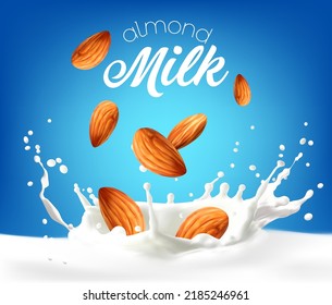 Almond milk splash with nuts, cream and dairy drink product package template, vector background. Realistic milk crown splash with drops of falling almond nuts, milky drink pour flow of milkshake spill