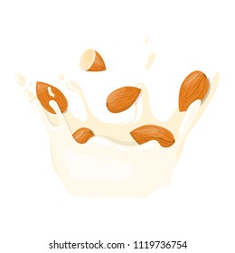 Almond With Milk Splash vector icon. Healthy eating cartoon illustration isolated on white background