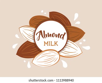 Almond milk splashing effect with almond set. flat style vector illustration.