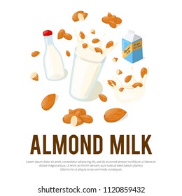 Almond Milk vector advertisement flyer with place for your text. Healthy eating cartoon illustration isolated on white background