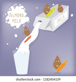 Almond milk.  Vector hand drawn illustration. Almonds Surfing on Milk.