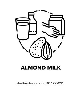 Concepto de icono del vector de la leche de almendra. Nut Healthcare Leche Vidrio, Frasco Y Paquete, Bebida De Leche Saludable, Producto De Bebida Vegetaria Natural Bio, Ilustración Negra Líquida Sanitaria