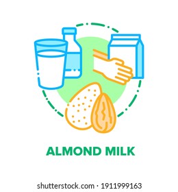 Almond Milk Vector Icon Concept. Nut Healthcare Milk Glass, Bottle And Package, Healthy Diet Dairy Drink, Natural Bio Vegetarian Beverage Product, Healthcare Liquid Color Illustration