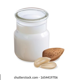 Almond milk vector realistic close up. Glass bottle with delicious organic drink. Almond nuts falling. Yellow backgrounds