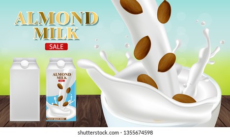Almond milk vector realistic. Product placement advertise. Splash milk pouring. Label template design. Natural healthy vegan products