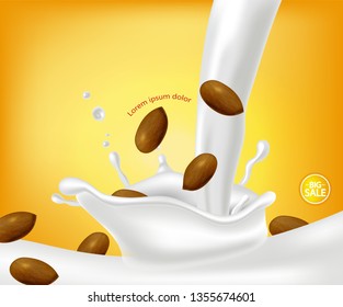 Almond milk vector realistic. Product placement advertise. Splash milk pouring. Label template design. Natural healthy vegan products