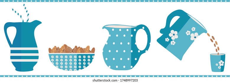 Almond milk vector seamless border. Banner of pretty blue bowls and jugs pouring healthy nuts into a glass. Fresh hand drawn conceptual design for dairy alternative , nutrition. Great for print