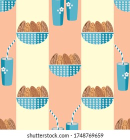Almond milk vector seamless pattern background. Striped geometric backdrop of brown healthy nuts in bowls with drinks glasses and straws All over print for fitness breakfast drink, food nutrition