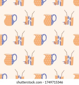 Almond milk vector seamless pattern background. Pastel orange purple backdrop with pretty jugs and glasses with straws. Geometric all over print for healthy drink dairy alternative, nutrition concept