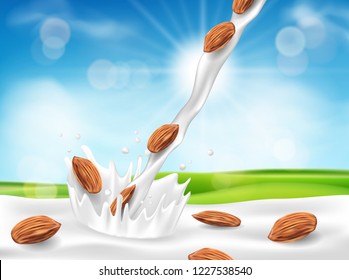 Almond milk or yogurt pouring down with splash and seeds. Realistic milk drop on sunny blue sky background with green grass. vector illustration