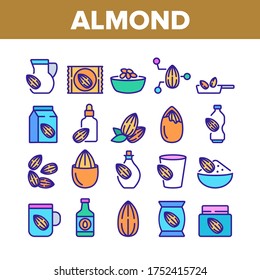Almond Natural Food Collection Icons Set Vector. Almond Milk Package And Bottle Drink, Delicious Nut Organic Ingredient And Oil Color Illustrations