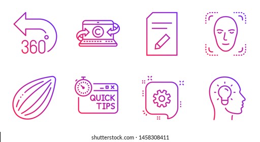 Almond nut, 360 degrees and Edit document line icons set. Cogwheel, Copywriting notebook and Face detection signs. Quick tips, Idea head symbols. Vegetarian food, Full rotation. Business set. Vector
