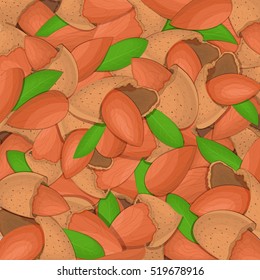 The almond nut background Closely spaced delicious almond vector illustration Nuts pattern walnut fruit in the shell whole shelled leaves appetizing looking for packaging design of healthy food