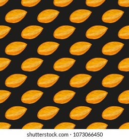 Almond. Nut. Background, wallpaper, seamless. Sketch. Colorful pattern on a black background.