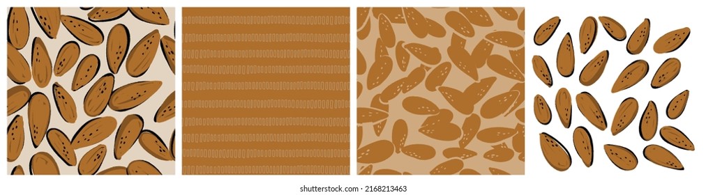 Almond nut clipart and background. Healthy snack, nutritional food and spice seamless pattern for product packaging print. Hand drawn repeat vector design in abstract trendy style.