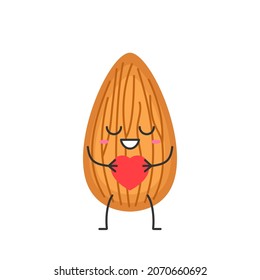 Almond nut cute cartoon character love sign heart smiling face happy emotions beautiful vector illustration.