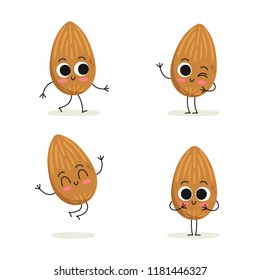 Almond nut. Cute cartoon vegan protein vector character set isolated on white