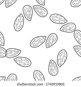 Almond Nut hand drawn vector seamless pattern. Outline monochrome texture made in doodle style.Fruit 
background for package, merch, wallpaper, menu and other design.