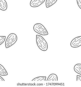 Almond Nut hand drawn vector seamless pattern. Outline monochrome texture made in doodle style.Fruit 
background for package, merch, wallpaper, menu and other design.