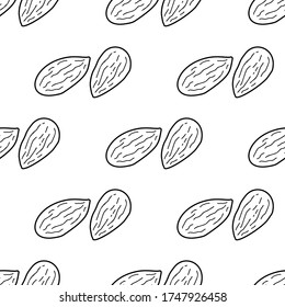 Almond Nut hand drawn vector seamless pattern. Outline monochrome texture made in doodle style.Fruit 
background for package, merch, wallpaper, menu and other design.