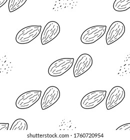 Almond Nut hand drawn vector seamless pattern. Outline monochrome texture made in doodle style.Fruit 
background for package, merch, wallpaper, menu and other design.