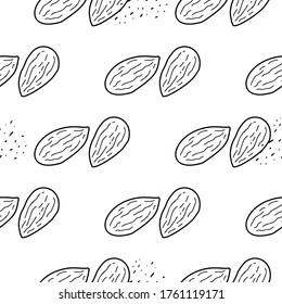 Almond Nut hand drawn vector seamless pattern. Outline monochrome texture made in doodle style.Fruit 
background for package, merch, wallpaper, menu and other design.