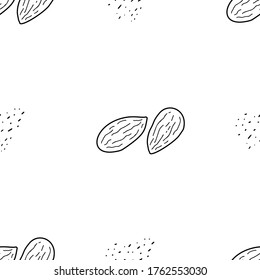 Almond Nut hand drawn vector seamless pattern. Outline monochrome texture made in doodle style.Fruit 
background for package, merch, wallpaper, menu and other design.