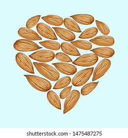 Almond nut heart shape from a colored brown seeds. Vector hand drawn illustration. Isolated.