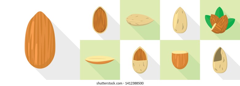 Almond nut icons set. Flat set of almond nut vector icons for web design