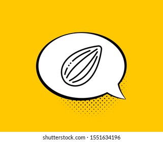 Almond nut line icon. Comic speech bubble. Tasty nuts sign. Vegan food symbol. Yellow background with chat bubble. Almond nut icon. Colorful banner. Vector